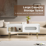 VEELOK Modern Coffee Table for Living Room - LED Living Room Table with 4 Storage Compartments, Semi See-Through Sliding Doors - Glossy Finish, Metal Legs, Rounded Edges - Contemporary Home Furniture VEELOK