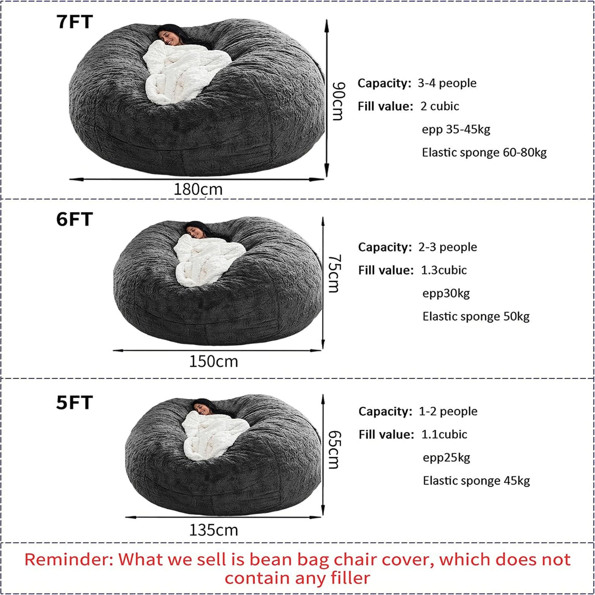 HDMLDP Bean Bag Chair for Adults Kids Without Filling Comfy Fluffy Giant Round Beanbag Lazy Sofa Cover for Reading Chair Floor Chair, 6FT, Grey HDMLDP