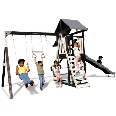 Sportspower Roswell Wooden Swing Set: Play Fort, Bench with Table, Sandbox, Trapeze, and 8' Slide - Black, Green and White