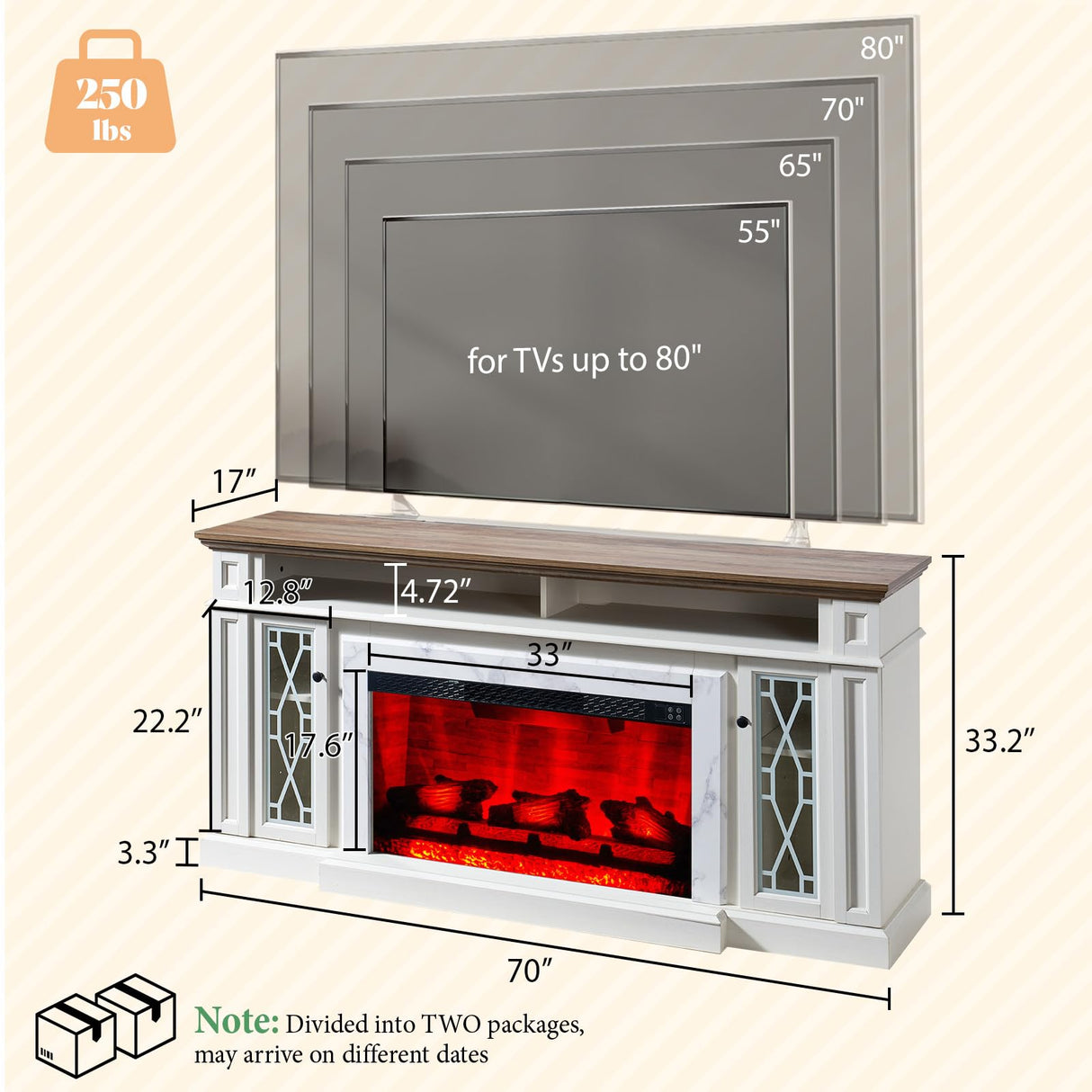 AMERLIFE 70" Farmhouse Heavy Fireplace TV Stand with 33" Electric Fireplace, for 80" TVs up, Media Entertainment Center with Diamond Door, TV Console Storage Cabinet for Living Room, White & Barnwood AMERLIFE