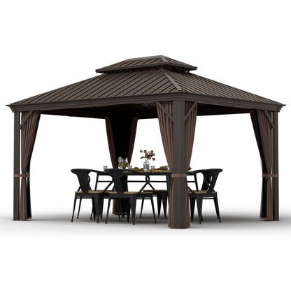 HAPPATIO 10' x 12' Hardtop Gazebo, Gazebo with Netting and Curtains, Double Roof Permanent Patio Metal Gazebo Canopy for Patio, Deck, Backyard (Dark Brown) - WoodArtSupply