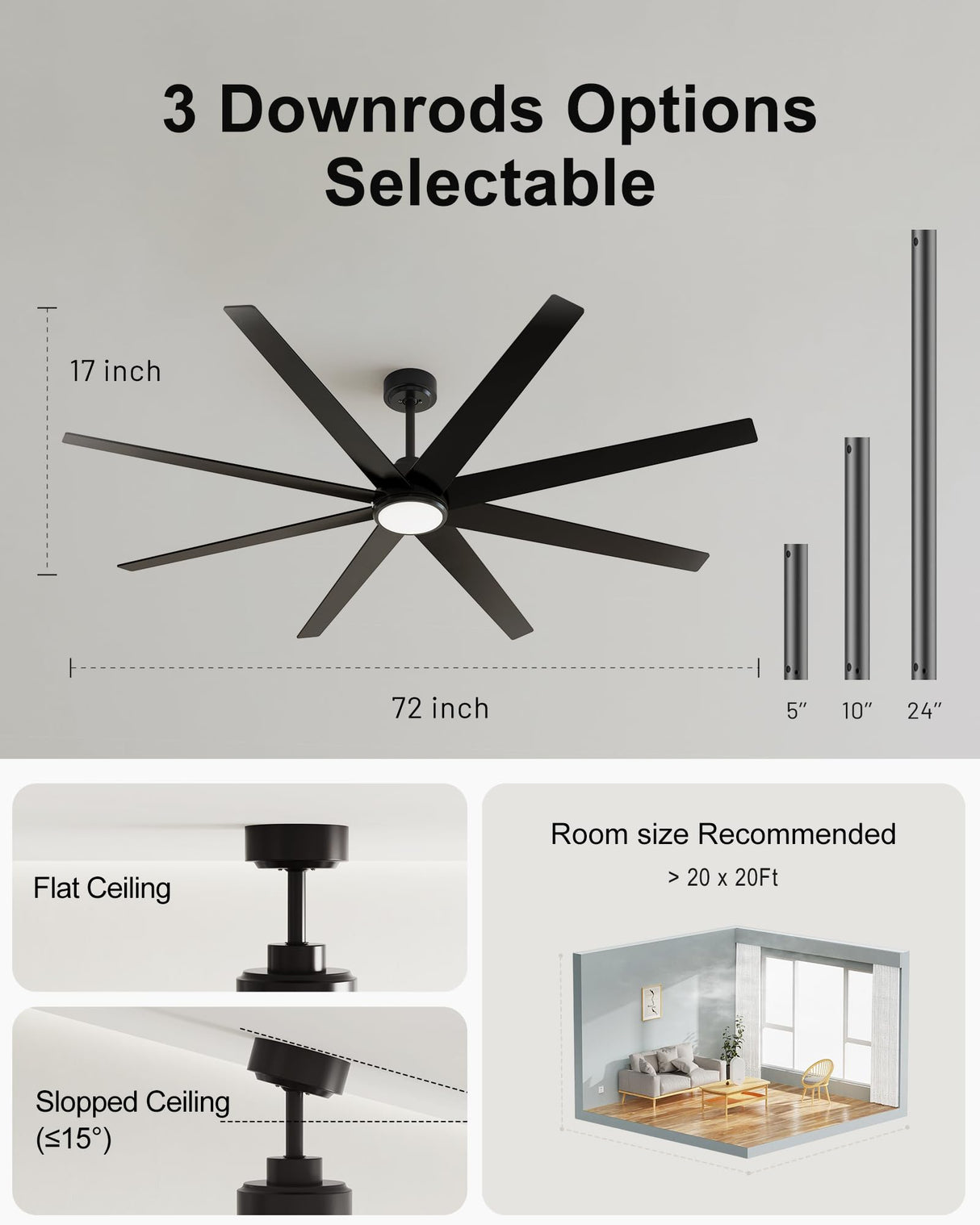 CubiCubi Ceiling Fans with Lights and Remote - 72 inch Black Large Ceiling Fan for Inoor/Outdoor Bedroom Living Room Kichen Patio, 3 Downrods, Dimmable, Super Quiet, 6 Speeds, Dual Finish 8 Blades CubiCubi