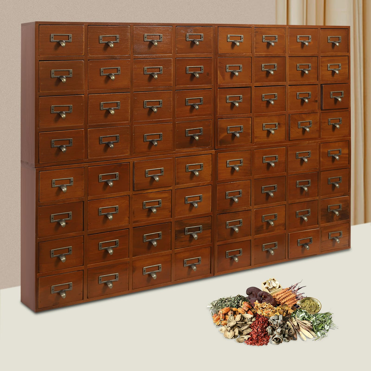 64-Drawer Wooden Storage Box, Traditional Apothecary Curio Cabinet, Library Card Catalog Cabinet Herb Storage Box w/Label Holders Handles AngelcityCC