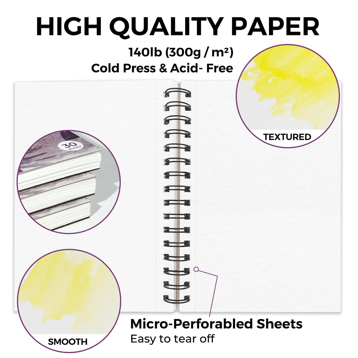 Funto Watercolor Pad 5.5x8.5, 3 Pack, 90 Sheets,140lb/300gsm, Double-Sided, Cold Press, Spiral Bound, Heavyweight Paper for Watercolor Painting Funto