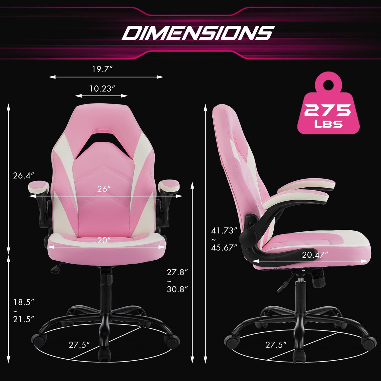 Sweetcrispy Computer Gaming Desk Chair - Pink Ergonomic Office Executive Adjustable Swivel Task PU Leather Racing Chair with Flip-up Armrest for Adults, Kids, Men, Girls, Gamer, White Pink Sweetcrispy
