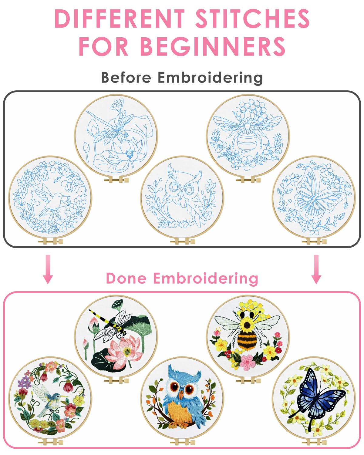 TINDTOP 5 Sets Embroidery Kit for Beginners Adult, Embroidery Kit for Beginners Include Embroidery Cloth Hoops Threads for Craft Lover Hand Stitch with Embroidery Skill Techniques TINDTOP