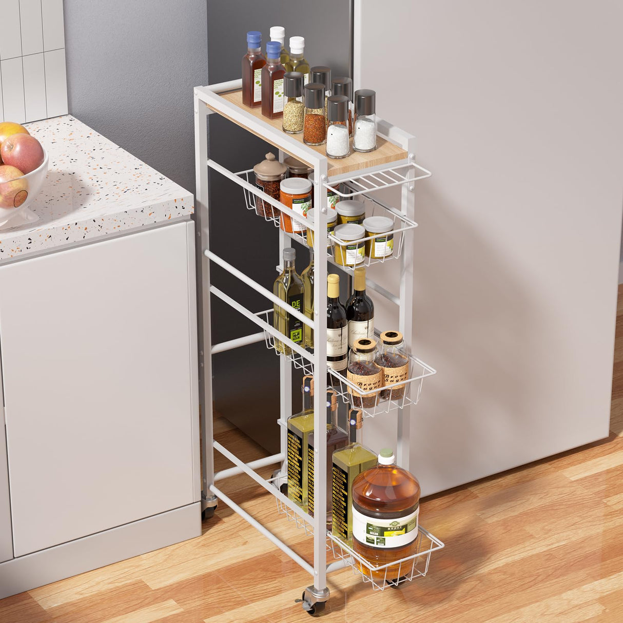 PAPAGIFTREE 4 Tier Slim Rolling Storage Cart with Pull-Out Baskets, Narrow Sliding Storage Slim Laundry Cart Slim Rolling Kitchen Cart PAPAGIFTREE