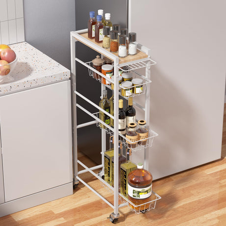 PAPAGIFTREE 4 Tier Slim Rolling Storage Cart with Pull-Out Baskets, Narrow Sliding Storage Slim Laundry Cart Slim Rolling Kitchen Cart PAPAGIFTREE
