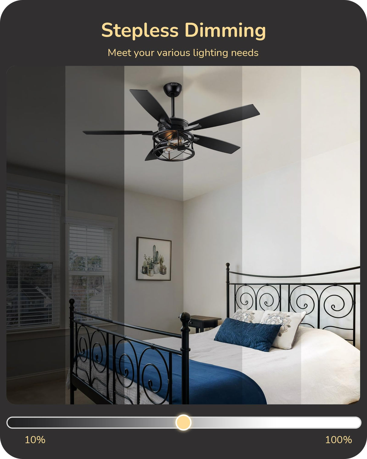 EDISHINE 52" Black Farmhouse Ceiling Fans With Lights, Remote Control, Reversible DC Motor, Dimmable, 5 Wooden Blades Rustic Indoor/Outdoor Ceiling Fan for Living Room Bedroom Porch EDISHINE