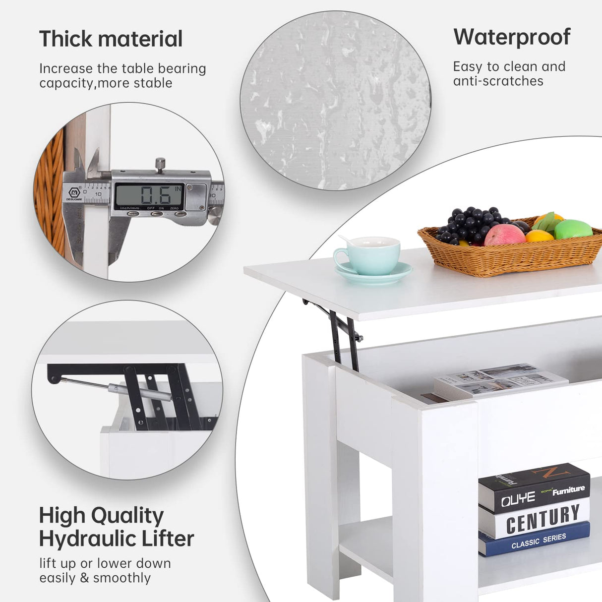 FDW Lift Top Coffee Table with Hidden Compartment and Storage Shelf Wooden Lift Tabletop for Home Living Room Reception Room Office,White FDW