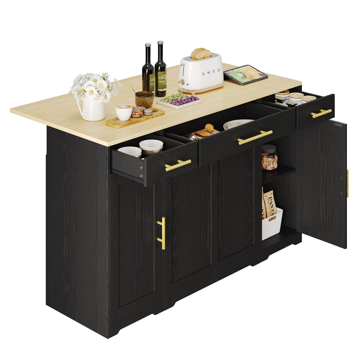 YITAHOME Kitchen Island with Drop Leaf, 55 inch Rolling Kitchen Carts, Modular Pull Out Trash Can Cabinet Fits Double 10-Gallon Garbage Bin, Mobile Island Table with 3 Drawers for Dining Room, Black YITAHOME