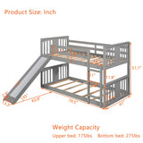 Montessori Floor Bunk Bed Twin Over Twin, Twin Bunk Bed with Slide and Ladder, Kids Bunk Beds with Guardrail Headboard and Footboard, Low Bunk Beds for Kids, Boys, Girls, Twin Bunk Bed Gray Bellemave