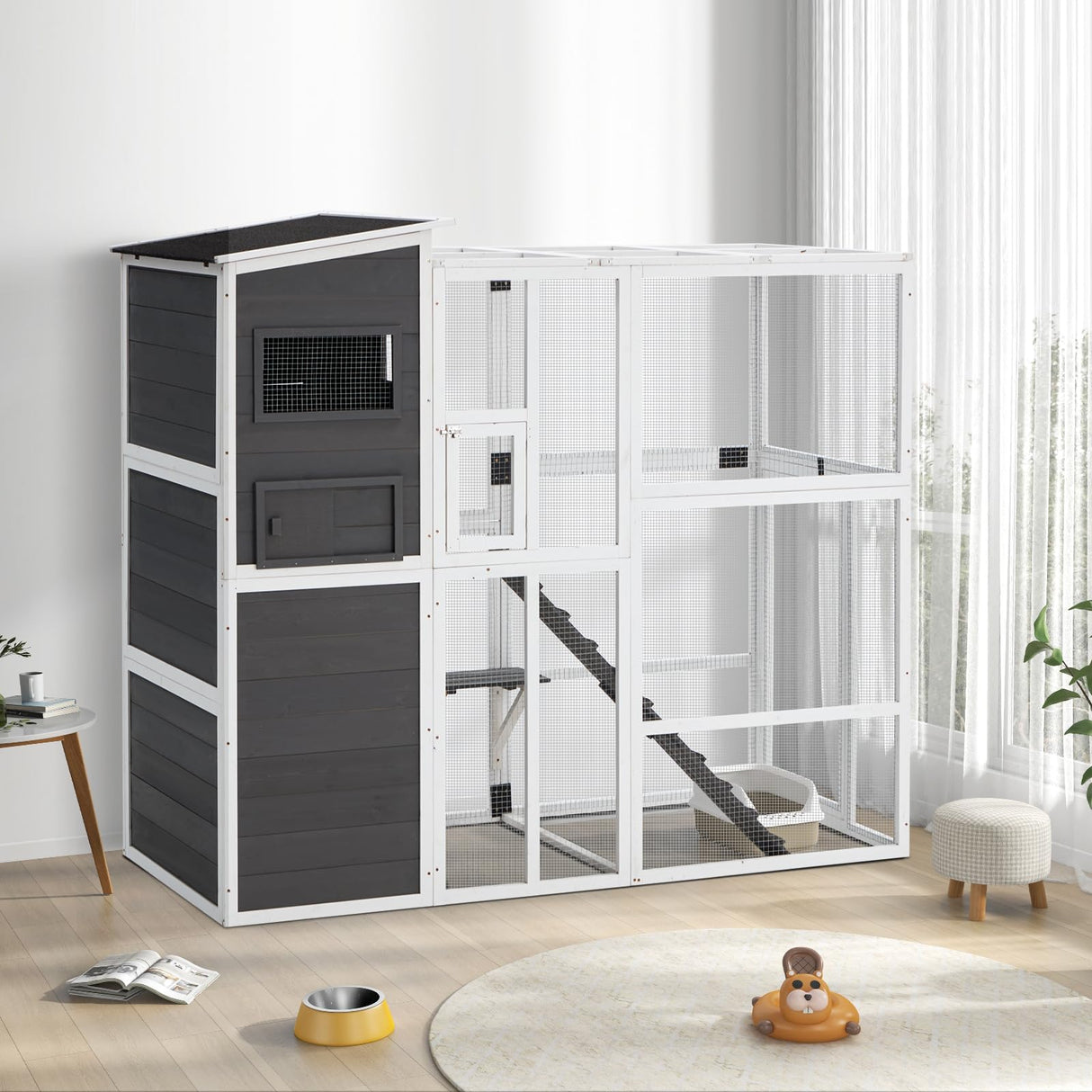YODOLLA Wooden Cat House,Large Space Cat Cage,Large Outdoor/Indoor Catio Enclosures,Wooden Cat House Weatherproof with Multi Platforms, Indoor Interoperability,Jump Platform Grey YODOLLA