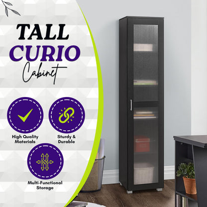 Kings Brand Furniture Romero Tall Curio Storage Cabinet - Tall Bookshelf Perfect for Living Room, Kitchen, Bedroom & Office - Storage Cabinet with 5 Storage Shelving & 1 Glass Door Display - Black