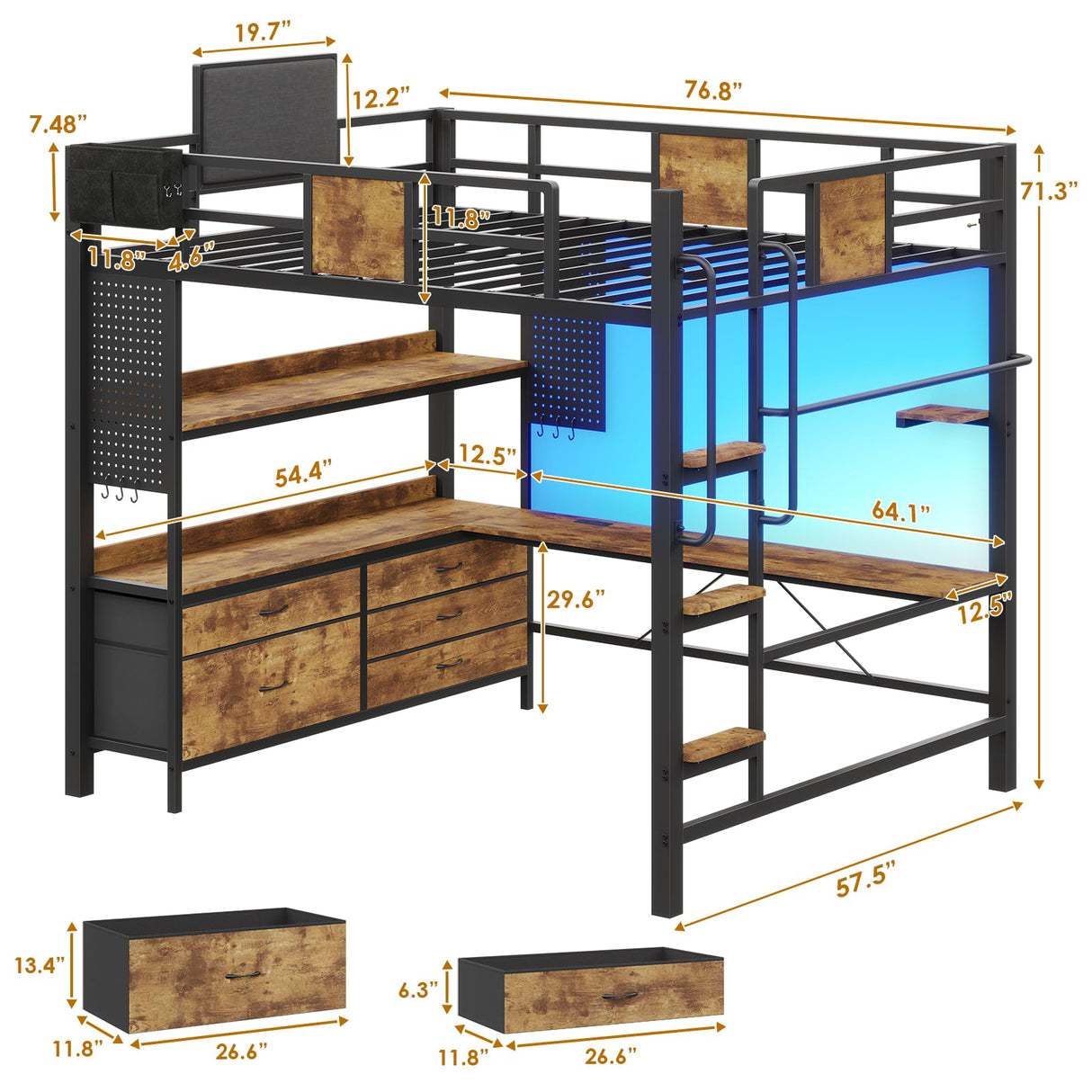 Dnxao Loft Bed with L-Shaped Desk Full Size,Full Size Bed Frame with 5 Storage Drawers, Bunk Bed with Desk,1 Bedside Organizer,LED Lights & Charging Station,Safety Guardrail,Noise Free,Rustic Brown Dnxao