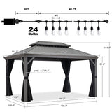 PURPLE LEAF 10' x 14' Hardtop Gazebo with String Lights Galvanized Steel Double Roof Gazebo with Aluminum Frames Outdoor Large Pavilion Gazebo for Patio Deck Garden, Light Grey PURPLE LEAF