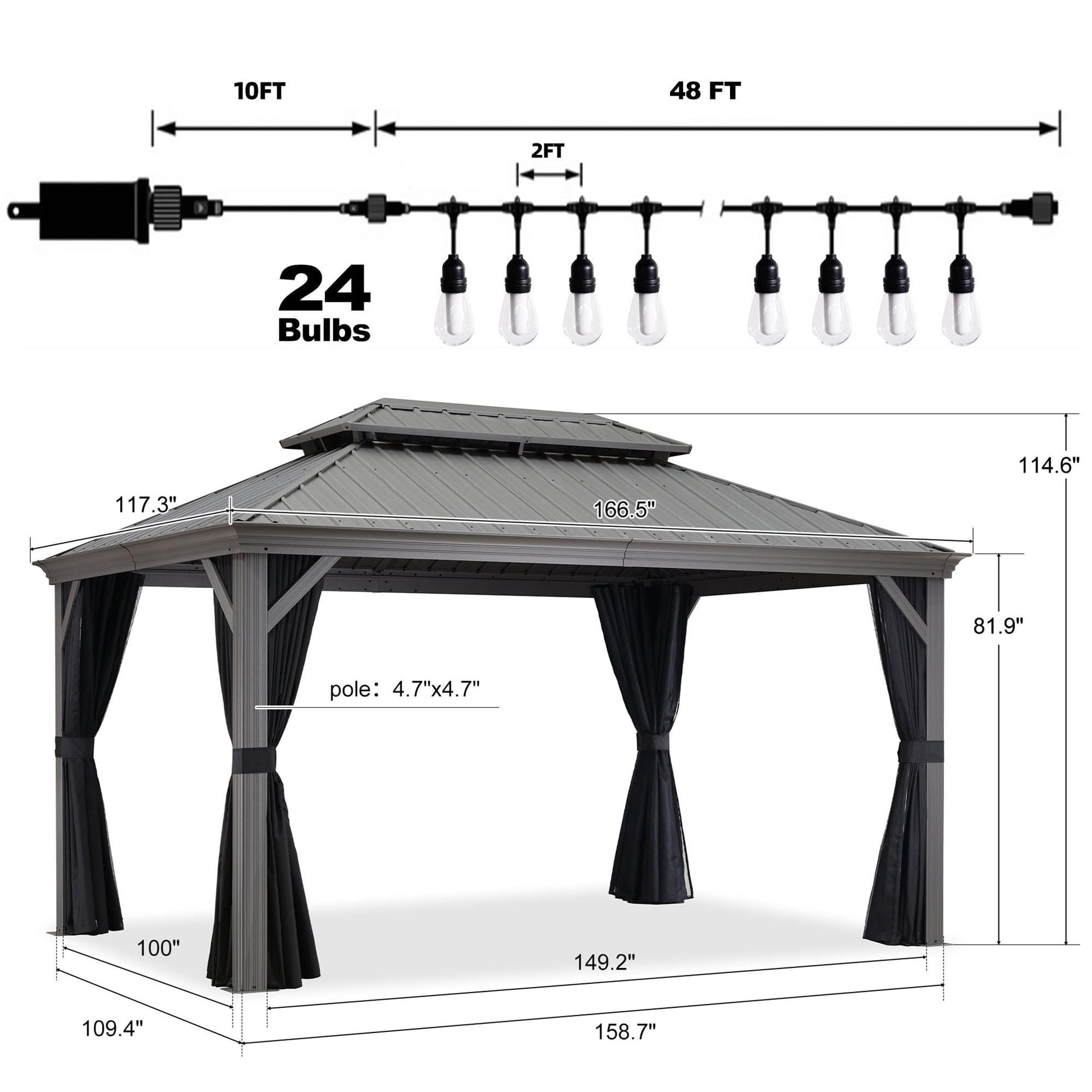 PURPLE LEAF 10' x 14' Hardtop Gazebo with String Lights Galvanized Steel Double Roof Gazebo with Aluminum Frames Outdoor Large Pavilion Gazebo for Patio Deck Garden, Light Grey - WoodArtSupply