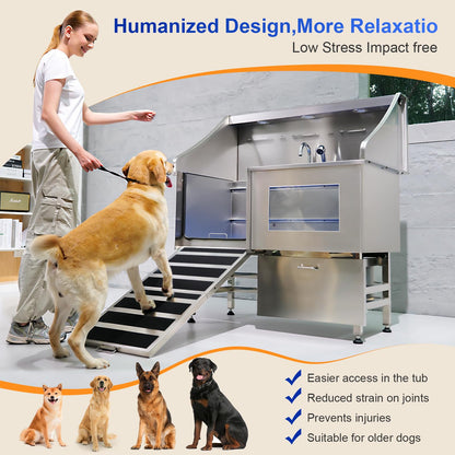 Dog Washing Station, LED Professional Stainless Steel Dog Bathing Station, Dog Bathtub for Large, Medium & Small Dog, Dog Grooming Tub with Window, Ramp, Drawer, Floor Grate & Fauct （Left RAMP, 50"）