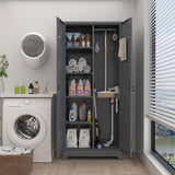 72.8" H Locking Garage Storage Cabinet, Metal Lockable Storage Cabinets with Doors and Shelves, Grey Broom Closet Storage Cabinet, Broom and Mop Utility Cabinet for Home,Kitchen,Garage GREATMEET