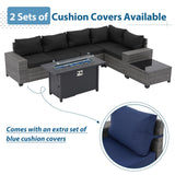 JOIVI 7 Pieces Outdoor Patio Furniture Set with 45” Fire Pit Table, Rattan Patio Sectional Sofa Conversation Set with 50000BTU Propane Fire Pit and Coffee Table for Garden, Backyard, Deck, Black JOIVI