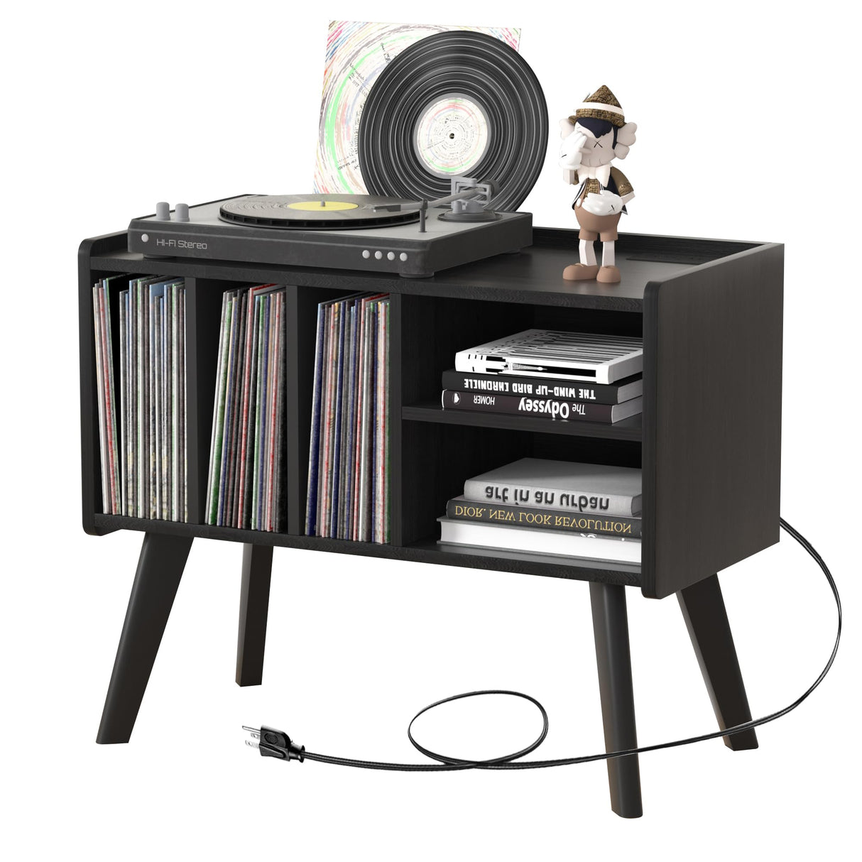 Forevich Record Player Stand Table with Vinyl Storage Holder Large Turntable Record Stand with Power Outlet Holds Up to 220 Albums Display Shelf Cabinet with Wood Legs for Living Room Black Forevich