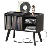 Forevich Record Player Stand Table with Vinyl Storage Holder Large Turntable Record Stand with Power Outlet Holds Up to 220 Albums Display Shelf Cabinet with Wood Legs for Living Room Black Forevich