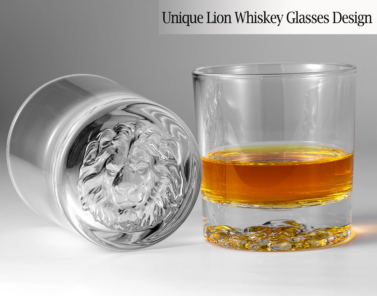 Whiskey Decanter Set with Wooden Box, Lion Whiskey Glasses 10 oz and 25 oz Bourbon Decanter Set with 18/10 Stainless Steel Whiskey Stones, Tongs, Whiskey Gifts for Men Husband Dad Wedding XmanKing
