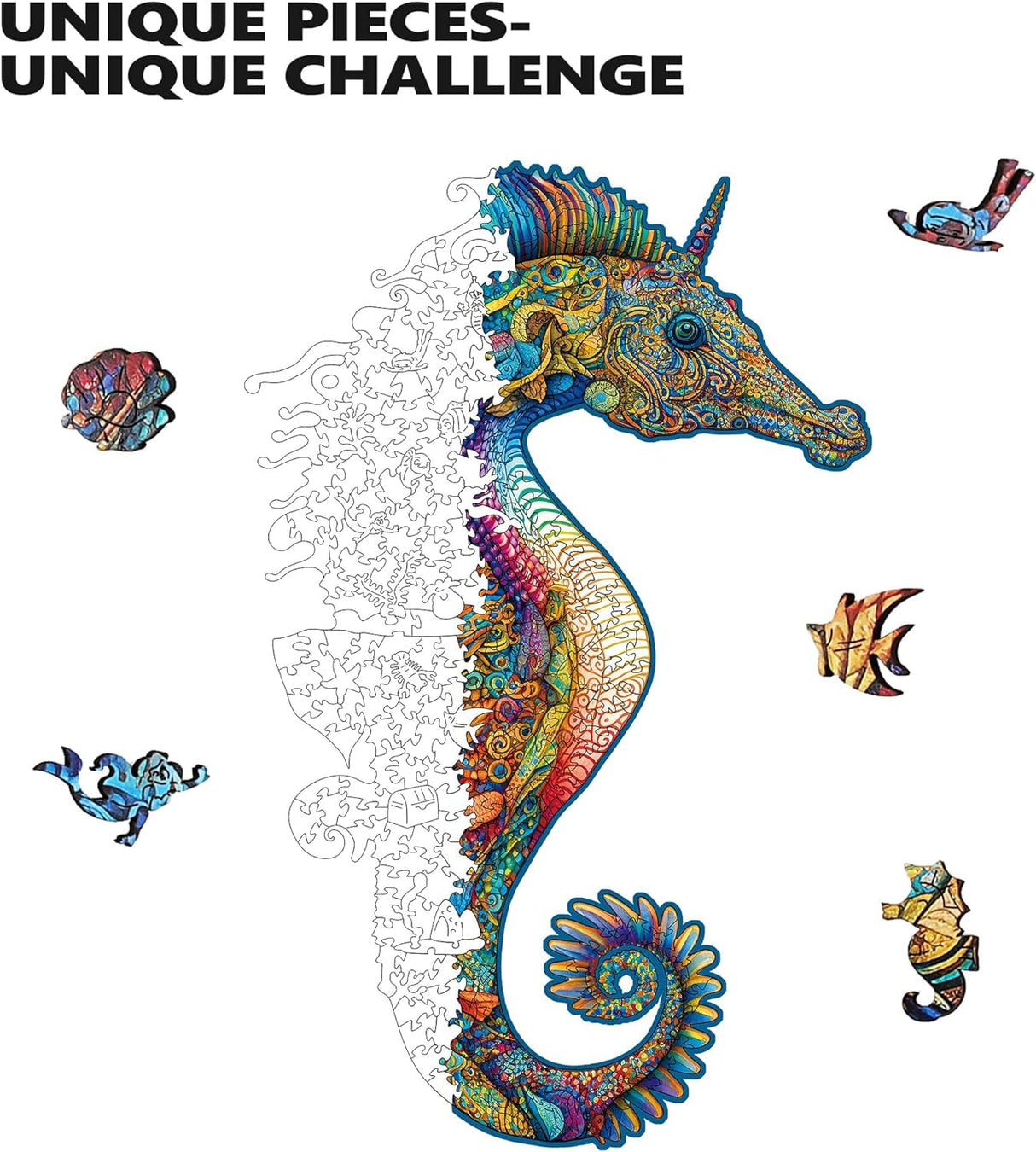 MYS Aurora Wooden Jigsaw Puzzles, Unicorn Seahorse Wood Puzzle 200 Pieces, Unique Shaped Wooden Puzzles for Adults and Kids, Family Game 8.5 x 13.4 Inches Mys Aurora