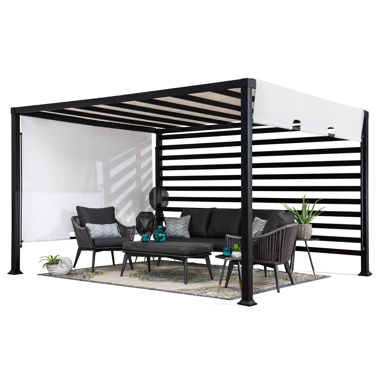 Sunjoy Outdoor Pergola 10 x 12 ft. Steel Pergolas with White Adjustable Shade and Privacy Screen for Backyard, Garden Activities Sunjoy
