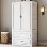 LIKIMIO Armoire Wardrobe Closet with 2 Doors and 2 Drawers 70" H x 36" W Wooden Bedroom Freestanding Wardrobe Combination for Hanging Clothes, White LIKIMIO