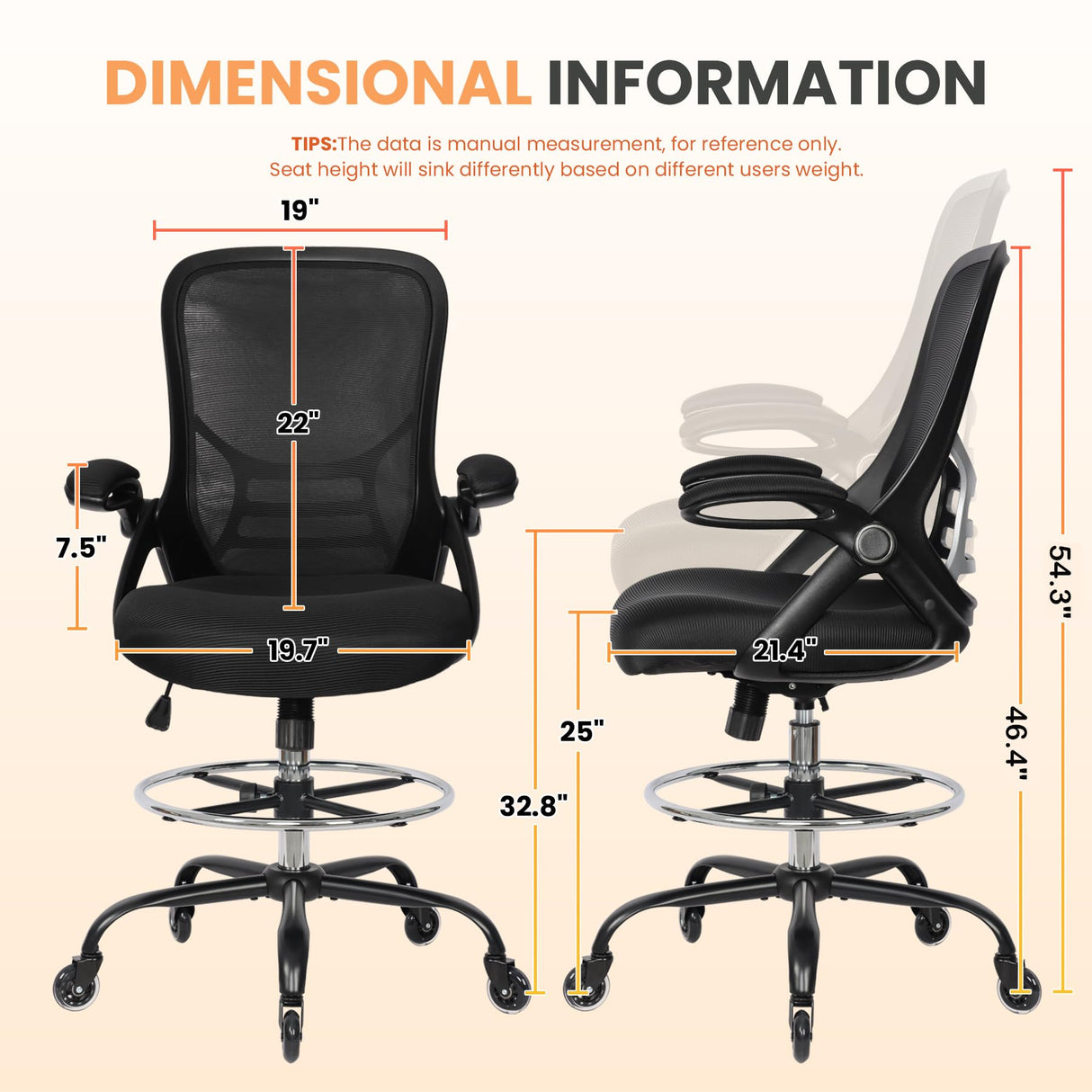 HYLONE Drafting Chair Tall Office Chair, High Ergonomic Standing Desk Computer Stools with Rubber Wheels, Flip-up Armrests, Adjustable Height and Foot-Ring, Comfortable Mesh Fabric, Black HYLONE