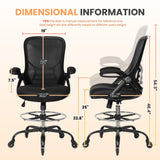 HYLONE Drafting Chair Tall Office Chair, High Ergonomic Standing Desk Computer Stools with Rubber Wheels, Flip-up Armrests, Adjustable Height and Foot-Ring, Comfortable Mesh Fabric, Black HYLONE