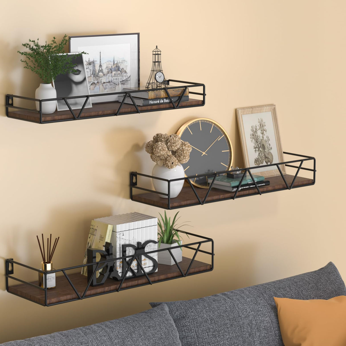 Amaoot Floating Shelves Set of 3, Home Wood Wall Shelf, Farmhouse Shelf for Bedroom, Wall Mounted Floating Shelf for Living Room, Bedroom, Bathroom, Kitchen, Office (Black) Amaoot