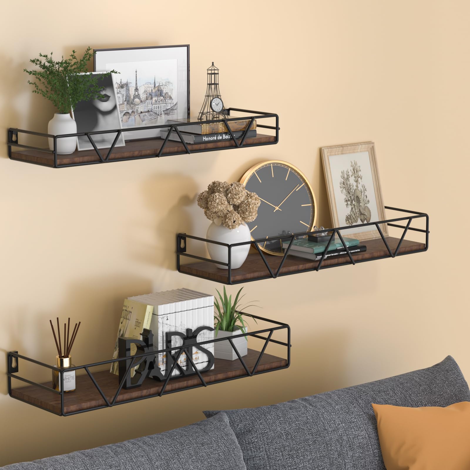 Amaoot Floating Shelves Set of 3, Home Wood Wall Shelf, Farmhouse Shelf for Bedroom, Wall Mounted Floating Shelf for Living Room, Bedroom, Bathroom, Kitchen, Office (Black) - WoodArtSupply