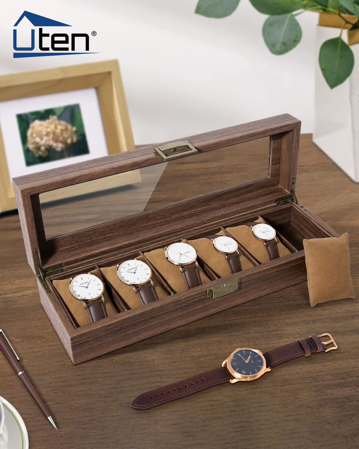 Uten Watch Box 6 Slots, Watch Case Organizer with Real Glass Lid, Wood Grain PU Leather Watch Display Storage Box with Removable Imitation Suede Watch Pillows, Metal Clasp Uten