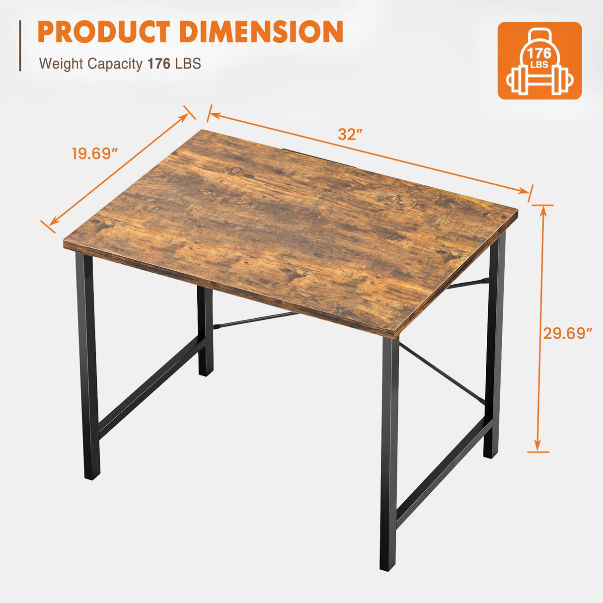 Sweetcrispy Computer Small Office Desk 32 Inch Student Kids Study Writing Work with Metal Frame Wood Tabletop Modern Simple PC Home Bedroom Table, Rustic Brown Sweetcrispy