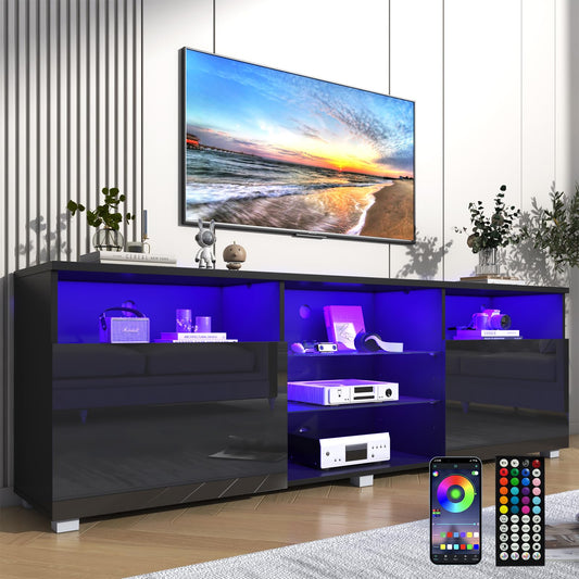 Vinctik 6&Fox Modern LED 70 inch TV Stand for 75/80 inch TV,High Glossy TV Entertainment Center with Storage Drawer,TV Stands for Living Room,APP RGB Light,Smart Modern TV Cabinet(71in Black)