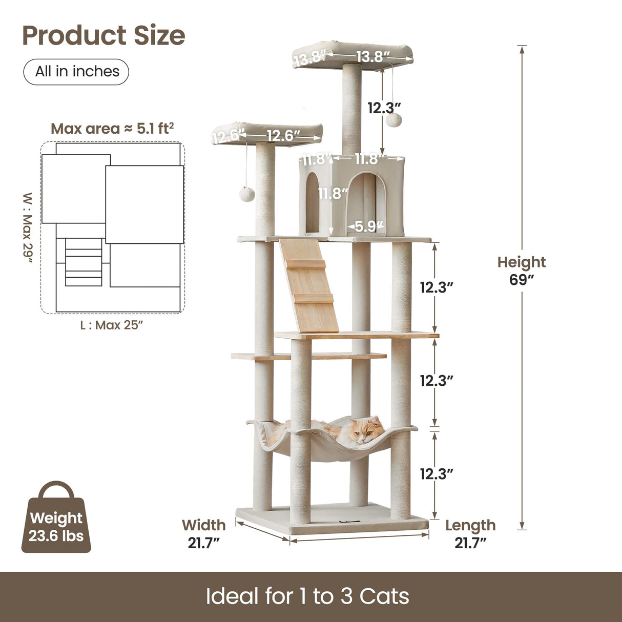 MWPO Large Modern Cat Tree, 70.1-Inch Wood Cat Tower for Indoor Cats, Multi-Level Tall Cat Condo with 2 Padded Perches, Hammock, Scratching Posts, Dangling Toys, Beige MWPO