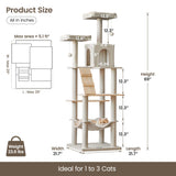 MWPO Large Modern Cat Tree, 70.1-Inch Wood Cat Tower for Indoor Cats, Multi-Level Tall Cat Condo with 2 Padded Perches, Hammock, Scratching Posts, Dangling Toys, Beige MWPO
