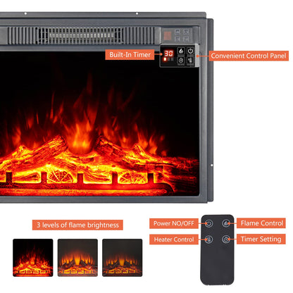 23" Electric Fireplace Insert 1500W Stove Heater for TV Stand with Recessed Mounted Flame LED Logs, Timer Setting, Remote Control Fireplace Heater, Adjustable Flame Color Brightness (Black)