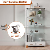 Nimaolt LED Glass Display Cabinet with 2 Door & 2 Drawer, 4-Shelf Curio Cabinet Tempered Glass Floor Standing Bookshelf with Wheels, White Storage Cabinet with Glass Doors for Collections Living Room Nimaolt