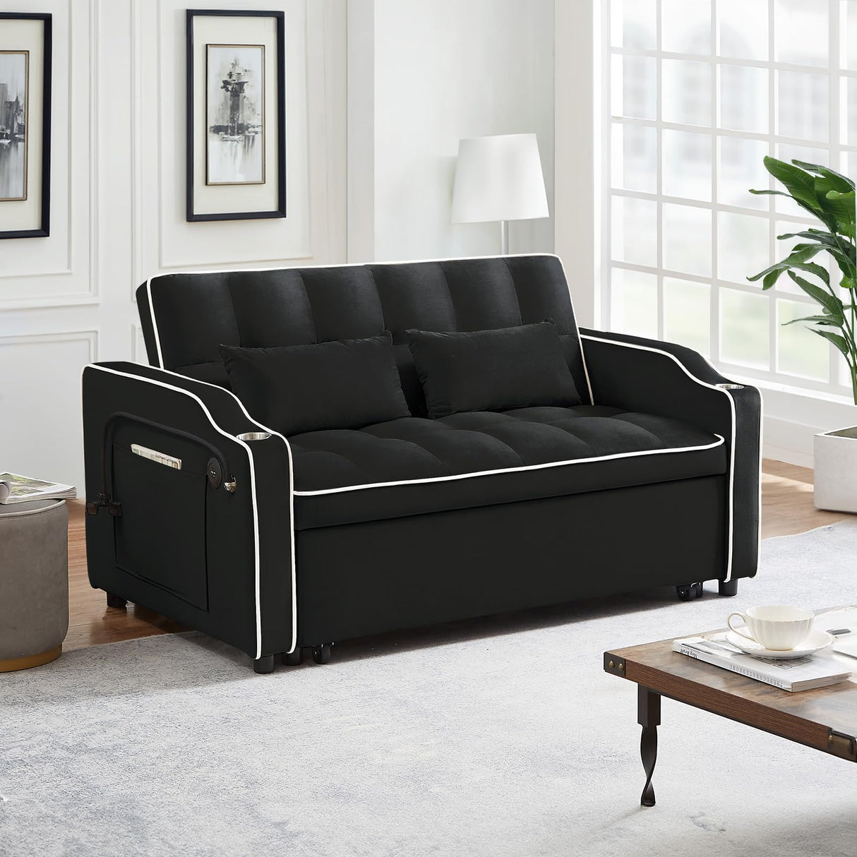 Pull Out Sofa Bed with Phone Holder, Convertible Velvet Loveseat Sleeper with 2 USB Charging Ports, Modern Futon Couch with Cup Holders and Adjustable Backrest, Small Love Seat for Living Room, Black KINFFICT