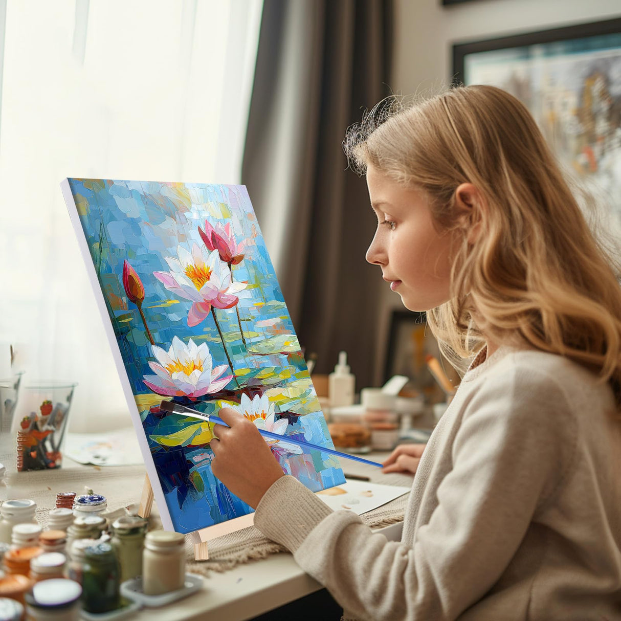 Bowetile Framed Paint by Numbers for Adults Beginners with Wooden Easel, Flowers Lotus Adults' Paint-by-Number Kits on Canvas, Easy DIY Acrylic Number Painting for Home Decor Birthday Gifts, 8x12in Bowetile