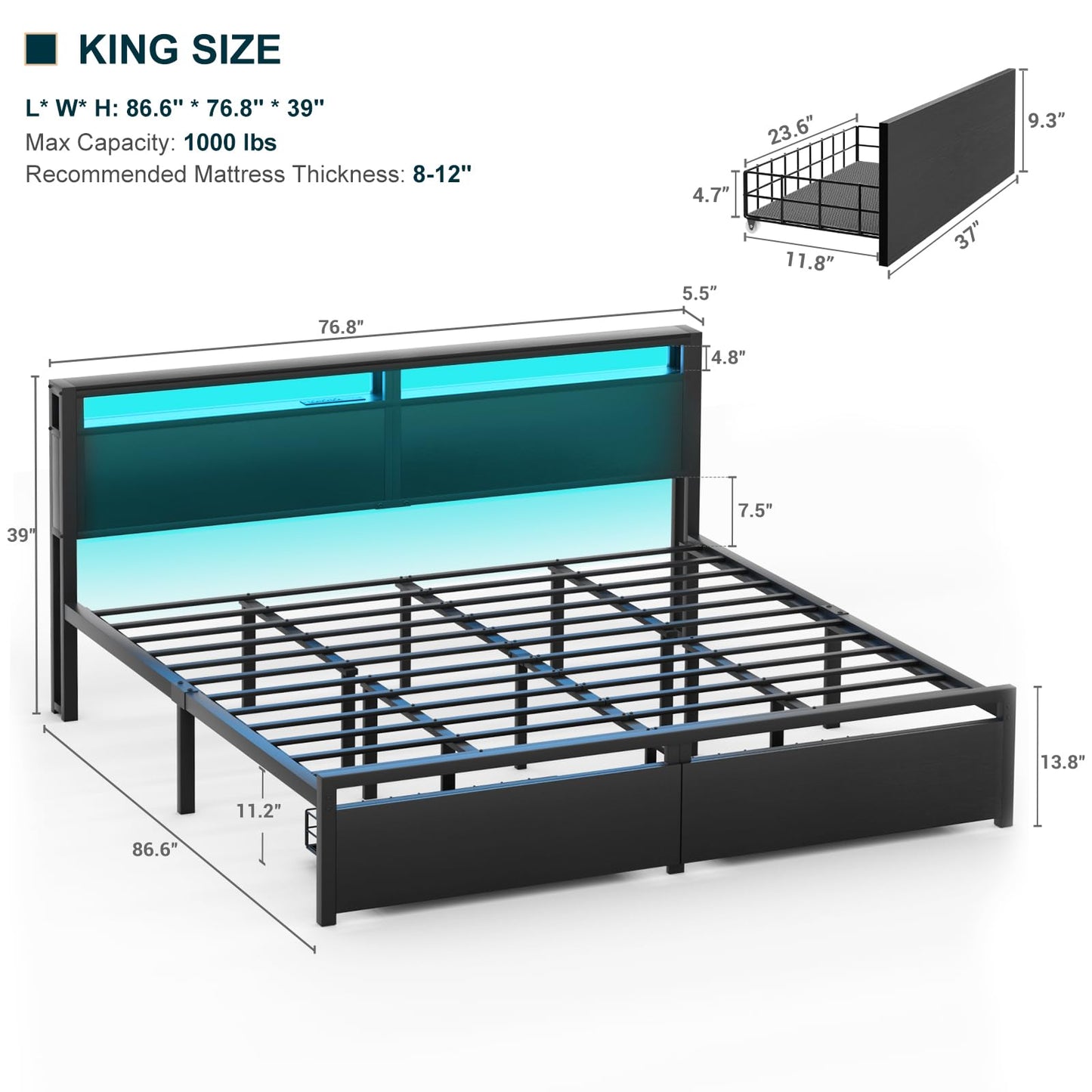 Homieasy King Size Bed Frame with 2 Storage Drawers, Industrial Metal Platform Bed with Charged Headboard and LED lights, No Box Spring Needed, Noise-Free, Easy Assembly, Black