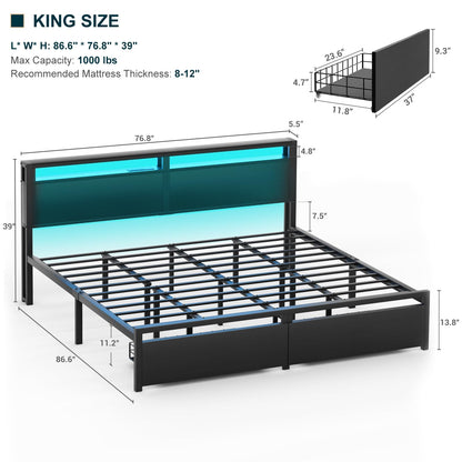 Homieasy King Size Bed Frame with 2 Storage Drawers, Industrial Metal Platform Bed with Charged Headboard and LED lights, No Box Spring Needed, Noise-Free, Easy Assembly, Black