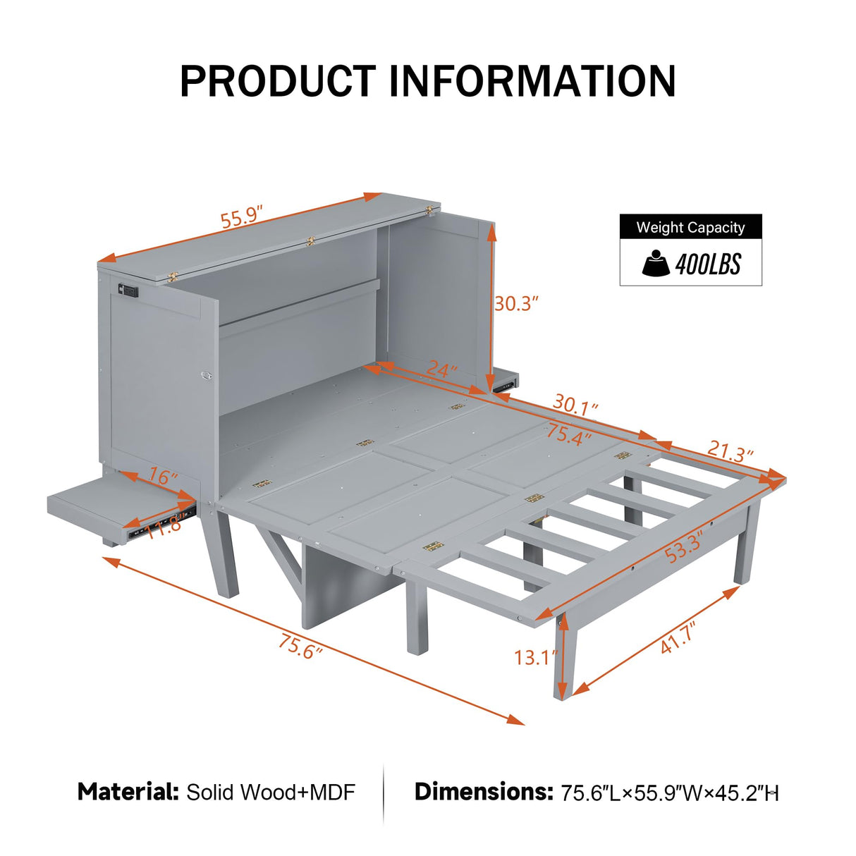Merax Full Size Murphy Bed with USB Port and Removable Shelves on Each Side, Grey Merax