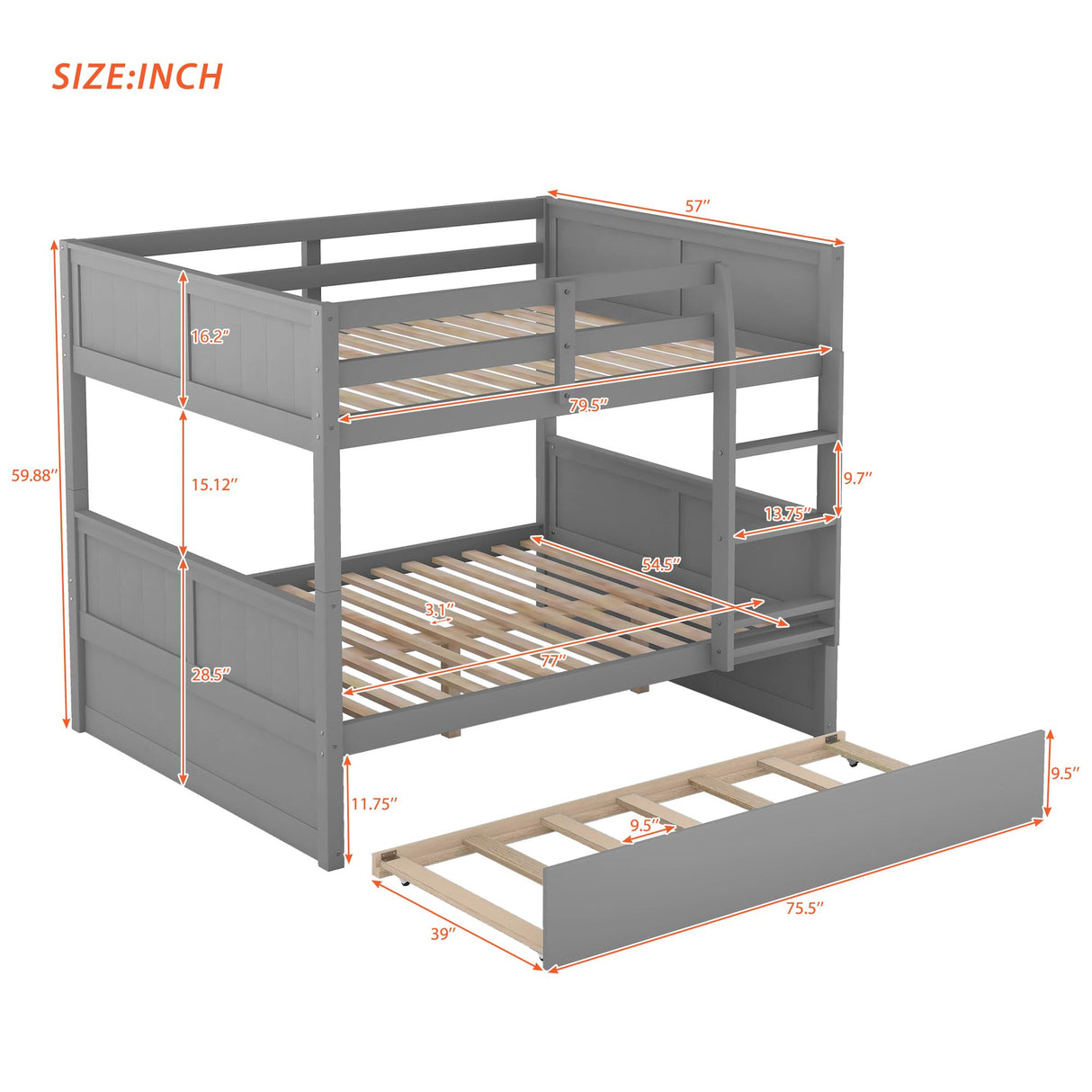 Rockjame Full Bunk Bed with Trundle, Wood Full Over Full Bunk Bed Frame with Ladder and Safety Rail, Space Saving Design Bedroom Furniture (Gray) Rockjame