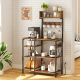 HOOBRO Bakers Rack with Power Outlet, 35.4 Inches Microwave Stand with 4 Hooks, 6 Tiers Kitchen Storage Shelf Rack, Coffee Bar Table, Rustic Brown and Black BF10UHB01 HOOBRO