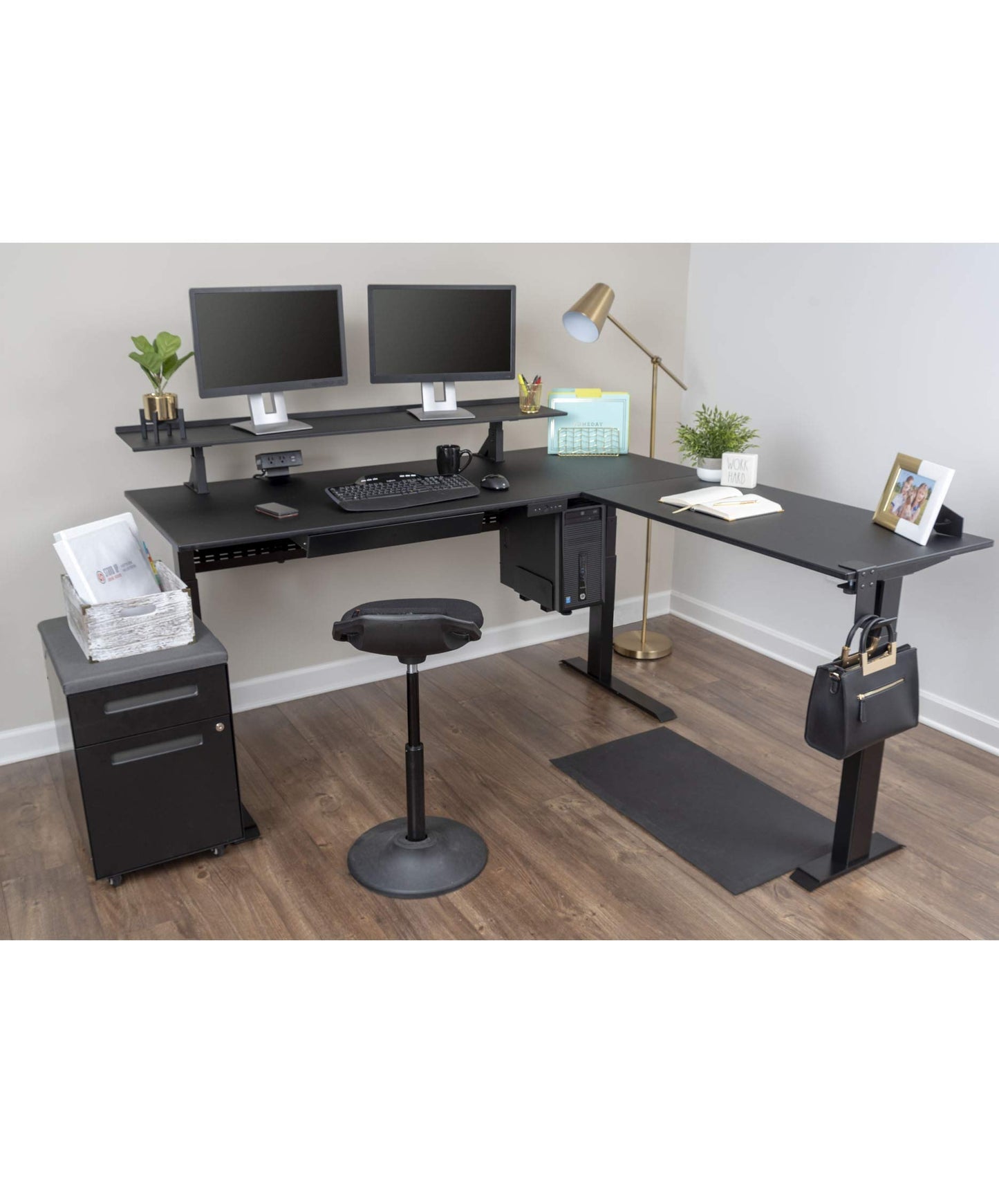 Stand Up Desk Store Triple Motor Electric L-Shaped Corner Standing Desk with EZ Assemble Frame (Black Frame/Black Top, 71" W x 71" D) - WoodArtSupply