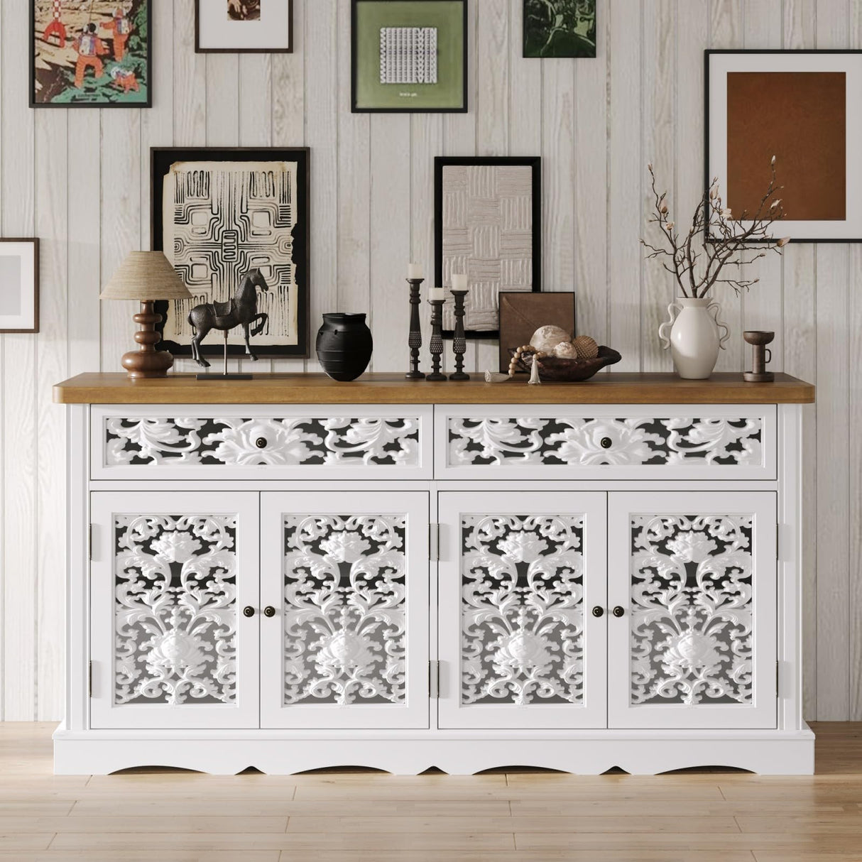 JOIKUJIA Wide Accent Cabinet with 4 Carved Doors & 2 Drawers, Vintage Hollow Carving Sideboard with Brown Tabletop, Farmhouse Buffet Cabinet, White and Brown 63”W x 15.7”D x 31.9”H JOIKUJIA